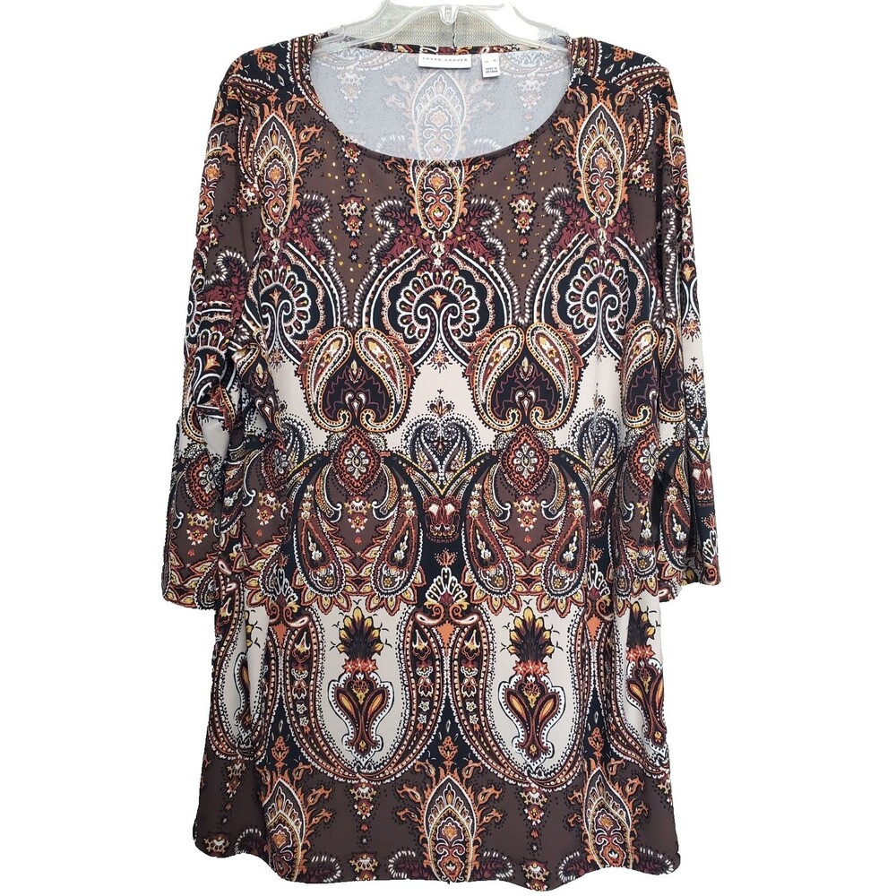 Susan Graver LiquidKnit Brown Paisley Studded Tunic Size XL Lagenlook Boho